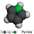 Pyrrole molecule. It is heterocyclic aromatic compound, natural product, found in Coffea arabica. Molecular model. 3D rendering