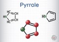 Pyrrole molecule. It is heterocyclic aromatic compound, natural product, found in Coffea arabica. Structural chemical formula,