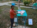 Pythagorean theorem geometric concept project model displaying by Asian Man in science park in India January 2020