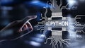 Python high-level programing language. Application and web development concept on virtual screen.