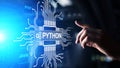 Python high-level programing language. Application and web development concept on virtual screen.