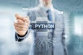 Python high-level programing language. Application and web development concept on virtual screen.