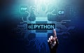 Python high-level programing language. Application and web development concept on virtual screen.