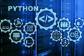 Python Programming Language on server room background. Programing workflow abstract algorithm concept on virtual screen. Royalty Free Stock Photo