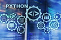 Python Programming Language on server room background. Programing workflow abstract algorithm concept on virtual screen Royalty Free Stock Photo