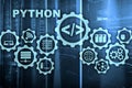 Python Programming Language on server room background. Programing workflow abstract algorithm concept on virtual screen Royalty Free Stock Photo