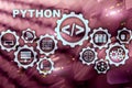 Python Programming Language on server room background. Programing workflow abstract algorithm concept on virtual screen. Royalty Free Stock Photo