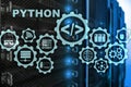 Python Programming Language on server room background. Programing workflow abstract algorithm concept on virtual screen. Royalty Free Stock Photo