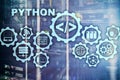 Python Programming Language on server room background. Programing workflow abstract algorithm concept on virtual screen. Royalty Free Stock Photo