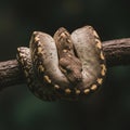 A python tightly coiled on a tree branch, showing off its patterned Royalty Free Stock Photo