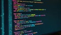 Python Tkinter GUI code displayed on computer screen. Colorful lines of code show interactive GUI elements. Programming interface Royalty Free Stock Photo