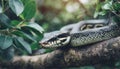Python on tree branch. Large snake. Zoo and animal concept. Blurred natural green background Royalty Free Stock Photo