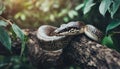 Python on tree branch. Large snake. Zoo and animal concept. Blurred natural green background Royalty Free Stock Photo