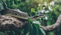 Python on tree branch. Large snake. Zoo and animal concept. Blurred natural green background Royalty Free Stock Photo