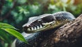 Python on tree branch. Large snake. Zoo and animal concept. Blurred natural green background Royalty Free Stock Photo