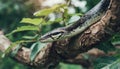 Python on tree branch. Large snake. Zoo and animal concept. Blurred natural green background Royalty Free Stock Photo