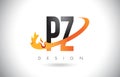 PZ P Z Letter Logo with Fire Flames Design and Orange Swoosh.