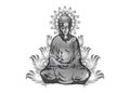 Seated Buddha in a Lotus Pose - vector art monochrome with cosmic mandala and lotus floral, isolated on white background