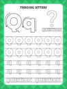 Trace letters of English alphabet and fill colors Uppercase and lowercase Q. Handwriting practice for preschool kids worksheet. Royalty Free Stock Photo