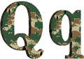 alphabet letter q uppercase and lowercase, abstract military camouflage texture font