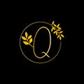 Q Gold letter and Gold Leaf logo design. Q Letter golden initial luxury Boutique Nature Floral Flower. Q Monogram vector design