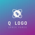 q initial space force logo design galaxy rocket vector in gradient background Royalty Free Stock Photo