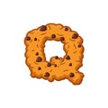 Q letter cookies. Cookie font. Oatmeal biscuit alphabet symbol.