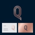 Q Letter. Gold Q Monogram Consist Of Thin Lines Isolated On A Dark Background. Business Card.