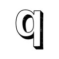 Q letter hand-drawn symbol. Vector illustration of a small English letter q. Hand-drawn black and white Roman alphabet