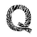 Q letter logo consisting of floral pattern in a circle laurel wreath. Linear heraldic vector font. Can be used for