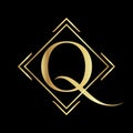 Q letter logo design golden color. Letter Q golden color with rectangle shape