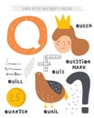 Q letter objects and animals including queen, quill, quail, quarter, quiz