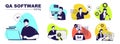 QA Software Testing concept set for web design. Collection with people inspecting programs, examining code, finding bugs and Royalty Free Stock Photo