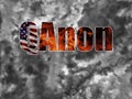 QAnon or Q Anon deep state conspiracy theory waving usa flag against dramatic sky