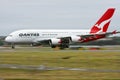 Qantas Airbus A380 in motion on runway. Royalty Free Stock Photo