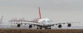 Qantas Airbus A380 on runway with full wing span.