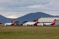 Qantas aircraft parked at Avalon Airport having been grounded during flight cuts during the COVID-19 Coronavirus outbreak. Royalty Free Stock Photo