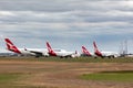 Qantas aircraft parked at Avalon Airport having been grounded during flight cuts during the COVID-19 Coronavirus outbreak. Royalty Free Stock Photo