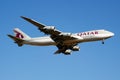 Qatar Airways Cargo Boeing 747-8 Jumbo Jet A7-BGA cargo plane arrival and landing at Luxembourg Findel airport Royalty Free Stock Photo