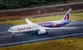 Qatar airways plane take off with vapor condense