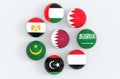 3d rendering. Qatar country flag surround by some middle east country flags sphere balls on gray background