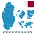 Qatar - detailed blue country map with cities, regions, location on world map and globe. Infographic icons Royalty Free Stock Photo