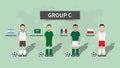 Qatar fifa world cup soccer tournament 2022 . 32 teams group stages and cartoon character with jersey and country flags . Flat