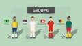 Qatar fifa world cup soccer tournament 2022 . 32 teams group stages and cartoon character with jersey and country flags . Flat