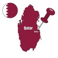 Qatar flag purple vector map on isolated white background and pin for travel, middle east, and geography concepts.