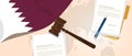 Qatar law constitution legal judgment justice legislation trial concept using flag gavel paper and pen