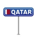Qatar road sign. National flag with country name on blue road traffic signs board design vector illustration