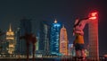 Qatar skyline with Orry The Oryx in the foreground