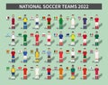 Qatar soccer fifa world cup tournament 2022 . 32 teams group stages and cartoon character with jersey and country flags . Vector