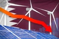Qatar solar and wind energy lowering chart, arrow down - modern natural energy industrial illustration. 3D Illustration